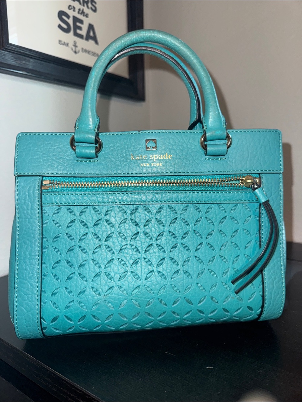 kate spade turquoise laser-cut leather tote with gold hardware